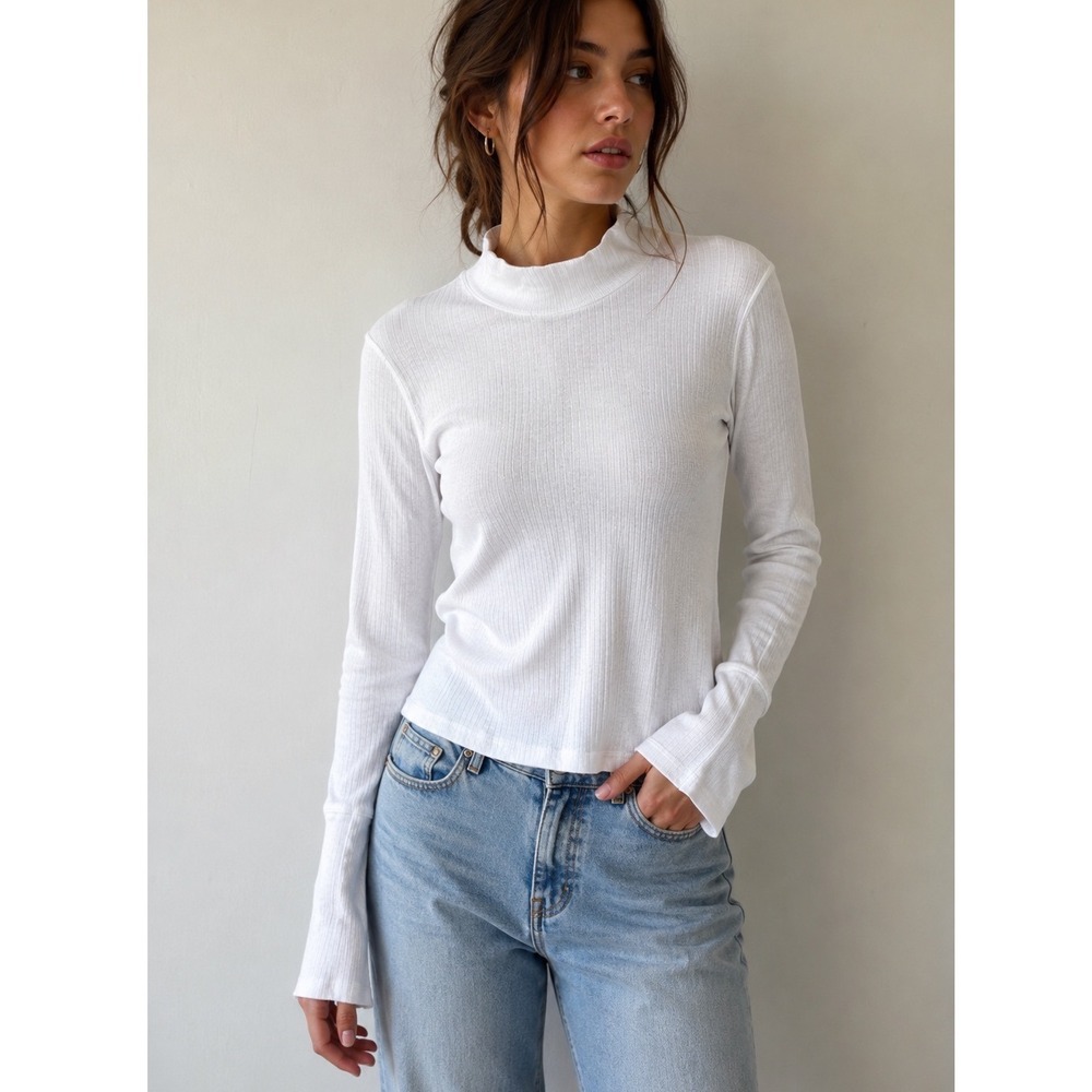 Free People Intimately Mock Neck Ribbed Top White Size XS Long Sleeve Cozy‎